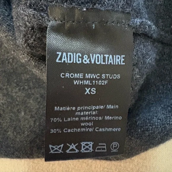 ZADIG & VOLTAIRE | dark gray wool cashmere turtleneck with studs down arms XS - Picture 9 of 12